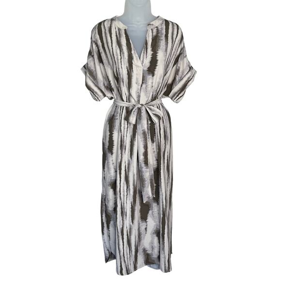 MAHINA Brown Cream Abstract V-Neck Short Sleeve Belted Maxi Dress Cover Up Small - Picture 1 of 9